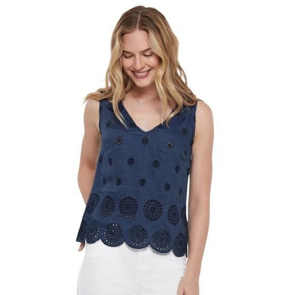 NWT Ecru Bardot Tank Navy Blue‎ Embroidered Eyelet Indigo Small - Picture 2 of 10